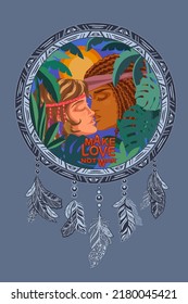young hippie couple kissing against the backdrop of the tropics and the bright sun. The concept and slogan of the 60s, 70s - make love not war. Love between couples of Multiracial races