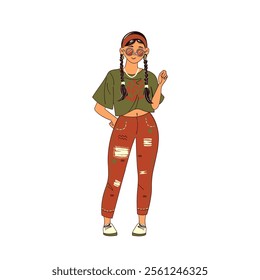 Young hippie woman character wearing trendy modern outfit including jeans, sunglasses, and sneakers. Street fashion flat illustration isolated on white background.