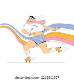 Young hippie woman roller skating in shorts against abstract dynamic wind