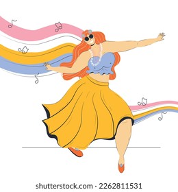 Young hippie woman in a skirt and top is dancing on the background of iridescent waves of sound