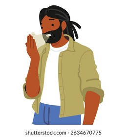 Young hipster African American man cartoon character suffering from stinky mouth breath feeing terrible discomfort vector illustration. People dental oral health problem with halitosis symptom