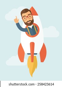 Young hipster with a beard inside the rocket on launch of space. Startup concept. Vector flat design illustration. 