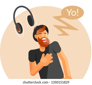 Young hipster bearded man in hat and glasses dancing to music smiling and showing the teeth. Cartoon flat vector illustration.