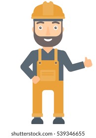 Joven constructor de hipster con sombrero duro que da pulgar hacia arriba. Constructor sonriente con pulgar arriba. Constructor caucásico en overoles y casco dando pulgar hacia arriba. Ilustración de diseño plana de vectores aislada en fondo blanco