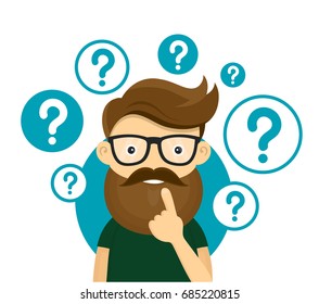 Young hipster business man thinking standing under question marks. Vector flat cartoon illustration character icon. Business man surrounded by question marks concept. Men think 