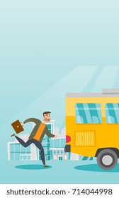 Young hipster businessman with beard chasing a bus. Caucasian businessman running for an outgoing bus. Latecomer businessman running to reach a bus. Vector cartoon illustration. Vertical layout.