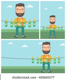 Young hipster businessman with the beard drying banknotes on the clothesline on the background of blue sky. Man loundering money. Vector flat design illustration. Square, horizontal, vertical layouts.