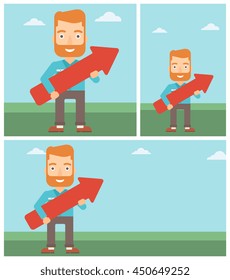 Young hipster businessman with the beard holding a big arrow in hands. Successful business concept. Vector flat design illustration. Square, horizontal, vertical layouts.