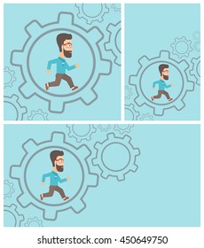Young hipster businessman with the beard running inside a big cogwheel on a blue background. Vector flat design illustration. Square, horizontal, vertical layouts.