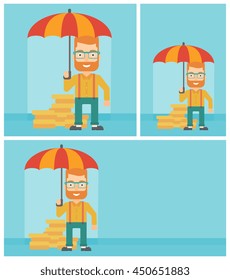 Young hipster businessman with the beard standing in the rain and holding an umbrella over coins. Business insurance concept. Vector flat design illustration. Square, horizontal, vertical layouts.