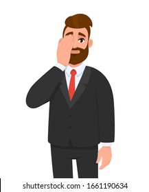 Young hipster businessman covering one eye with palm and looking from other eye. Trendy person closed half of his face with hand. Male character design, modern lifestyle illustration in vector cartoon