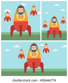 Young hipster businessman in headphones flying in the rocket. Successful business start up concept. Business rocket taking off. Vector flat design illustration. Square, horizontal, vertical layouts.