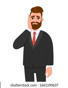 Young hipster businessman holding cheek with hand. Trendy person suffering from tooth ache. Dental illness on teeth. Male character design, modern lifestyle illustration in vector cartoon style.