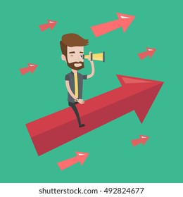 Young hipster businessman sitting on the arrow going up and looking through spyglass. Concept of business vision and moving forward for business growth. Vector flat design illustration. Square layout.