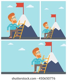 Young hipster businessman standing with ladder near the mountain. Businessman climbing the mountain with a red flag on the top. Vector flat design illustration. Square, horizontal, vertical layouts.
