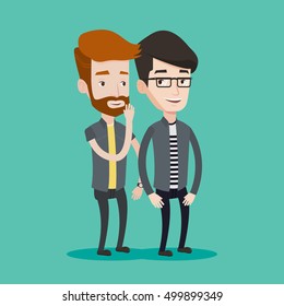 Young hipster caucasian man with the beard shielding his mouth and whispering a gossip in an ear of his friend. Two happy men sharing with secret news. Vector flat design illustration. Square layout.