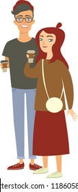 Young hipster couple drinking coffee together flat vector