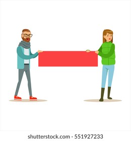 Young Hipster Couple Marching In Protest With Banner, Screaming Angry, Protesting And Demanding Political Freedoms