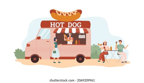 Young hipster couple sit at the outdoor cafe and eat hot dogs.Female cook make hot sausages and sell them at street food truck to young woman at summer time.Street food van cartoon vector illustration