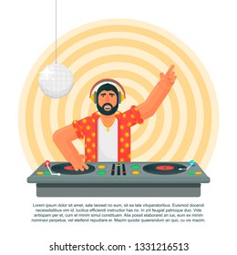 Young hipster DJ with beard mixing music on the turntables. DJ playing and mixing music. DJ in headphones mixing music at a party. Vector flat illustration.