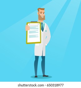 Young Hipster Doctor Showing A Clipboard With A Prescription. Happy Doctor In A Medical Gown Holding A Clipboard. Caucasian Doctor With Patient Records. Vector Flat Design Illustration. Square Layout.