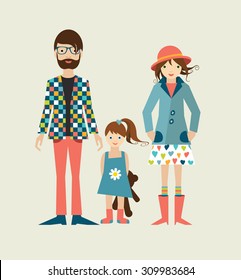 Young Hipster Family With Daughter, Little Girl. Flat Illustration.