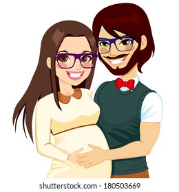Young hipster family, man touching the belly of his pregnant wife full of love
