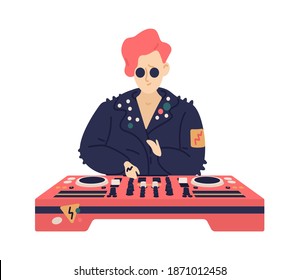 Young hipster female disc jockey play electronic dance music on dj console. Trendy musician mixing musical records on turntable panel. Flat vector cartoon illustration isolated on white