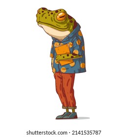 Young Hipster Frog holding papers, vector illustration. Casually dressed anthropomorphic frog. Humanized toad. Inspector. Post employee. A courier. A student. An animal character with a human body