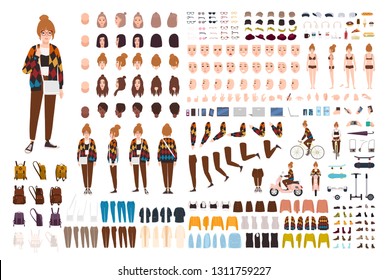 Young hipster girl animation set, generator or DIY kit. Bundle of body parts, trendy casual clothes, gestures, faces, poses. Female cartoon character. Front, side, back views. Vector illustration