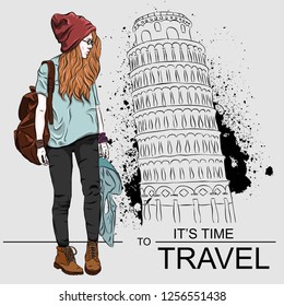 A young hipster girl on the background of the Italian landscape. Leaning Tower Vector illustration