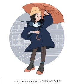 Young hipster girl in raincoat with umbrella walking down the street in the rain and wind. Cartoon style illustration.