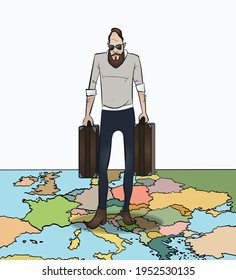 A young hipster in glasses and with suitcase diplomats in his hands walks along the map of Europe. The concept of migration, immigration to the European Union. Smuggler. Vector illustration, EPS 10.