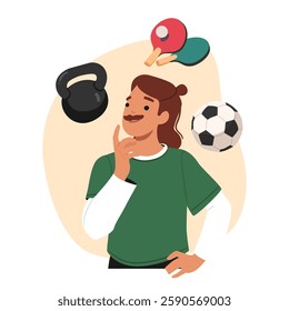 Young hipster guy cartoon character choosing alternative sport activity for training recreation vector illustration. Man making decision between bodybuilding with weights, football and table tennis