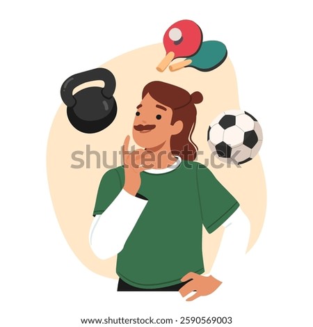 Young hipster guy cartoon character choosing alternative sport activity for training recreation vector illustration. Man making decision between bodybuilding with weights, football and table tennis