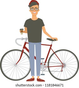 Young hipster guy with cup of coffee holding his trendy bike