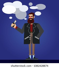 Young hipster guy profile with vape. Flat vector isolated illustration. vaping shop, addiction, liquid, no nicotine, no smoking, e-cigarette, vaporize, vapor concept cloud. 