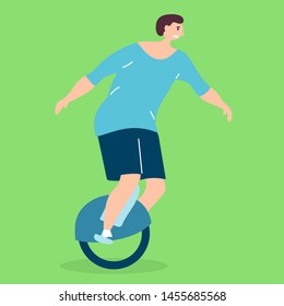 Young hipster guy rides on a mono-wheel. Eco-friendly transport. Vector editable file eps 10