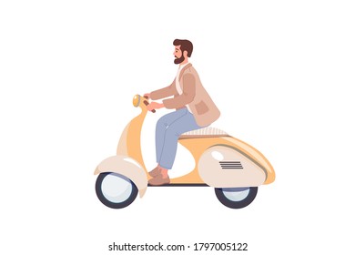 Young hipster guy riding a retro scooter on a white background vector illustration