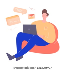 Young hipster guy is sitting in a bean bag chair with a laptop. Remote work, freelancing, online training. Checks mail, writes letters, looking for information on the Internet. Vector illustration.