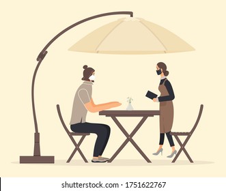 Young hipster guy sitting at table in cafe. Sportsman talking with waitress at coffee shop. Waitress holding notepad for recording сustomer order. Wooden furniture under umbrella from the sun. Vector 