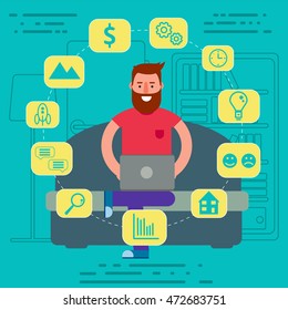 Young hipster male sitting on sofa in room surfing wi-fi internet on his laptop. Vector illustration of man working online by browsing wireless network in apartment.