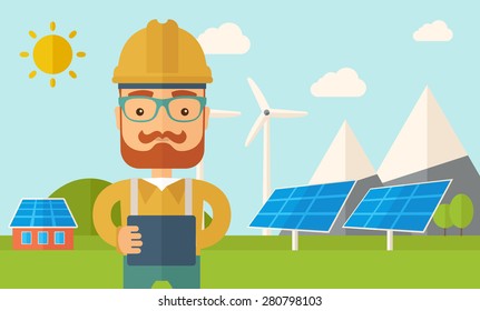 A young hipster male standing while holding a blueprint monitoring the solar panels with wind turbine. A Contemporary style with pastel palette, soft blue tinted background with desaturated clouds