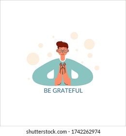 Young hipster male wearing glasses with this hands in prayer or namaste position. Character vector illustration for a banner or t-shirt print