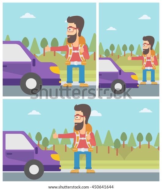 Young\
hipster man with backpack hitchhiking on roadside. Hitchhiking man\
with the beard trying to stop a car on the road. Vector flat design\
illustration. Square, horizontal, vertical\
layouts.