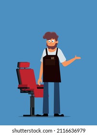 Young hipster man barber in barber shop. vector flat design illustration
