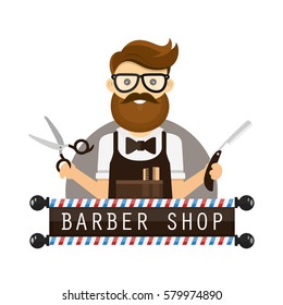 young hipster man barber. vector flat design illustration icon cartoon character. concept logo for barber shop. scissors and a razor in hands, glasses, beard. isolated on white background