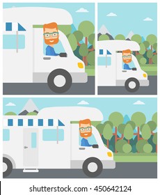 Young hipster man with the beard driving a motor home in the forest. Man travelling by camper van. Vector flat design illustration. Square, horizontal, vertical layouts.