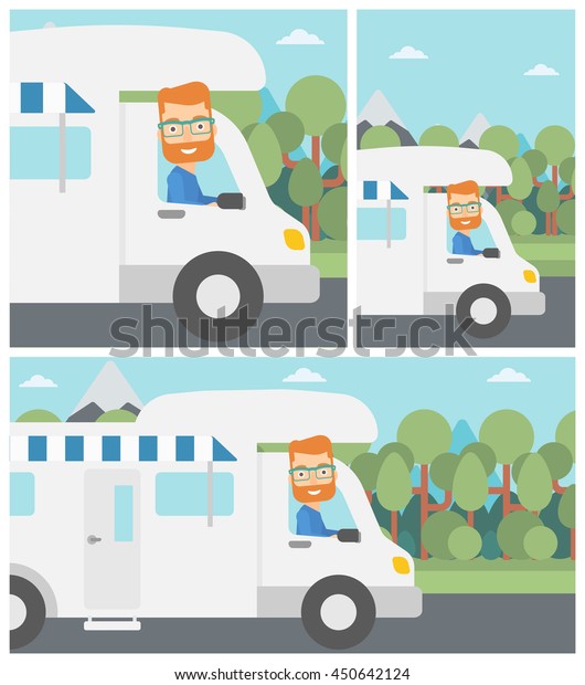 Young hipster man with the\
beard driving a motor home in the forest. Man travelling by camper\
van. Vector flat design illustration. Square, horizontal, vertical\
layouts.