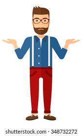 A young hipster man with the beard gesturing with open arms vector flat design illustration isolated on white background. Vertical layout.